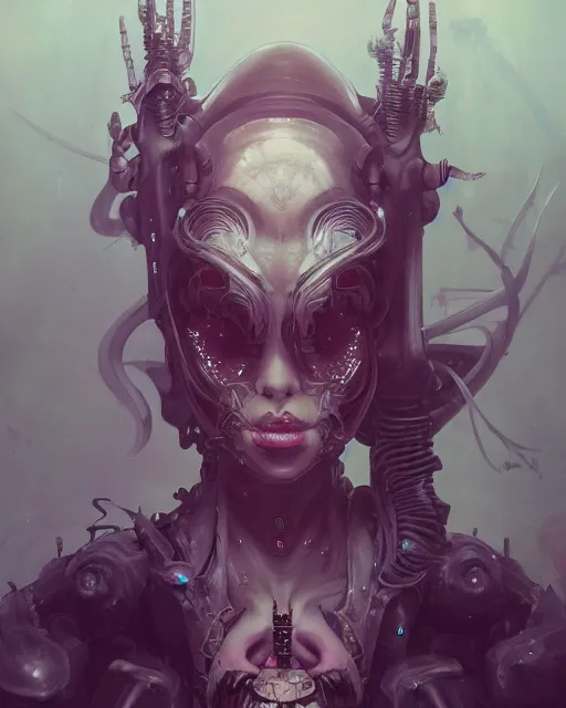 Image similar to portrait of a nightmarish cybernetic Queen of hell, cyberpunk concept art by Peter Mohrbacher and seb mckinnon and Beksiński and FrancisBacon, digital art, highly detailed, intricate, sci-fi, sharp focus, Trending on Artstation HQ, deviantart, unreal engine 5, 4K UHD image