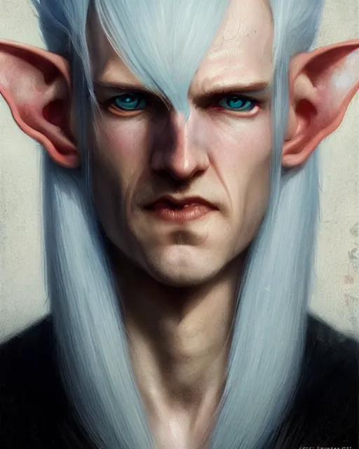 Image similar to character portrait of a slender half elf man with white hair, piercing blue eyes, and pale bluish skin, by greg rutkowski, mark brookes, jim burns, tom bagshaw, trending on artstation