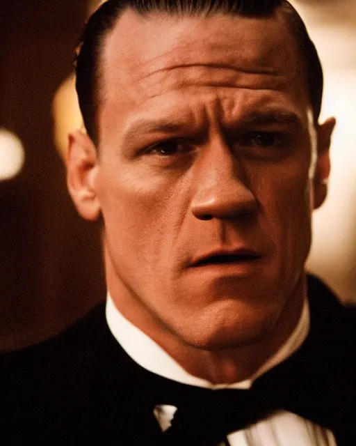 Image similar to film still close up shot of john cena as vito corleone from the movie the godfather. photographic, photography