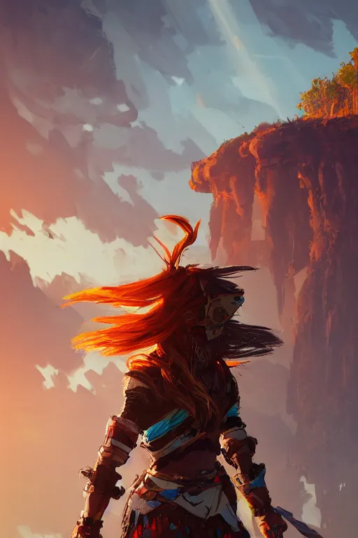 Image similar to combination suit armor aloy horizon forbidden west horizon zero dawn radiating a glowing aura global illumination ray tracing hdr fanart arstation by ian pesty and alena aenami artworks in 4 k tribal robot ninja mask helmet backpack