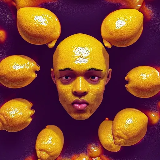 Image similar to man's head made out of lemon skin, head is exploding into a swirl of jam, jam swirl explosion : ornate, dynamic, particulate, intricate, elegant, highly detailed, centered, artstation, smooth, sharp focus, octane render