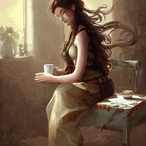 Image similar to pretty roman girl drinking coffee, extremely long hair, epic fantasy art by Greg Rutkowski