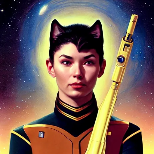 Prompt: a uhd photorealistic portrait of a cosmic feline humanoid starfleet officer holding olding a phaser, fantasy, sharp focus, intricate, sci - fi, artstation, matte, hyperdetailed, concept art, illustration, studio lighting, art by ilya kuvshinov, artgerm, alphonse mucha, amano, and karol bak