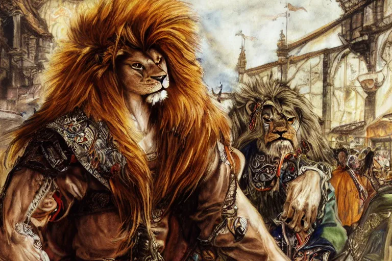 Prompt: 8k Yoshitaka Amano painting of upper body of a young cool looking lion beast-man with white mane at a medieval market at windy day. Depth of field. He is wearing complex fantasy bohemian clothing. He has huge paws. Renaissance style lighting.