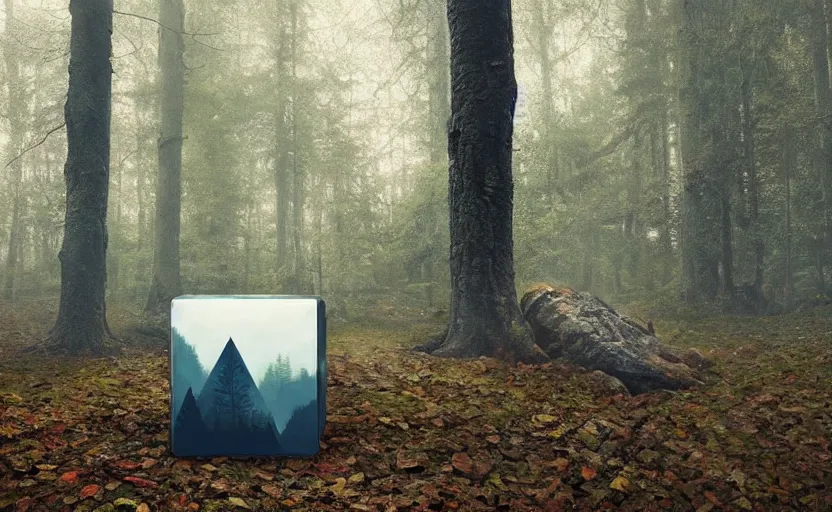 Prompt: a giant metallic cube on the ground in the forest, realistic sci-fi painting by simon stålenhag, digital art, trending on artstation