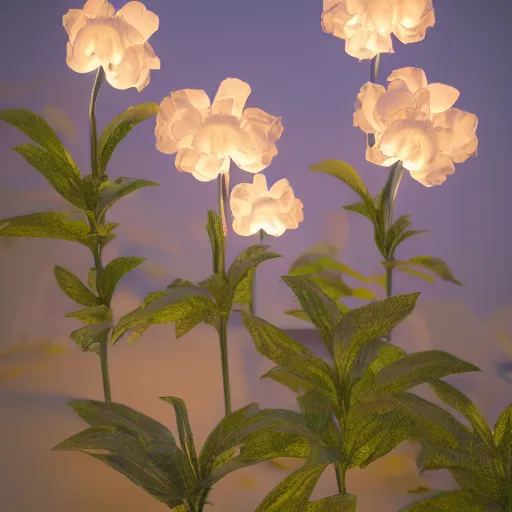 Prompt: Luminescent flower blooming at twilight, realism, photorealism, f 3.5, photography, octane render, highly detailed, vray, volumetric lighting,