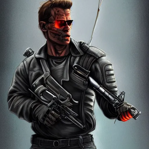 Prompt: terminator holding a sword, digital art, highly detailed, trending on artstation