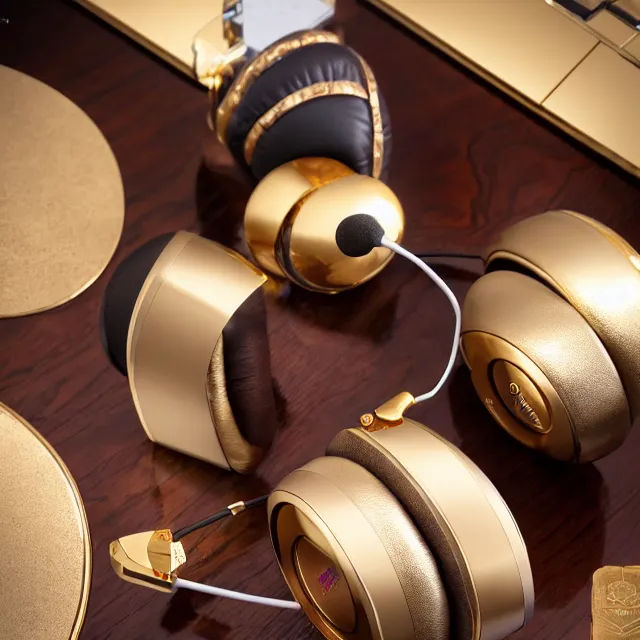 Image similar to masterpiece photo of beautiful hand crafted artistic gold metal headphones, bismuth rainbow metal, bismuth cups, plush leather pads, displayed on mahogany desk, modernist headphones, bismuth beautiful well designed, hyperrealistic, audiophile, intricate hyper detail, extreme high quality, photographic, audeze, sennheiser, bang olufsen, abyssal