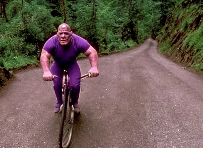 Prompt: film still of purple thanos as brand riding a small childrens bike down a steep mountain road in the goonies 1 9 8 5