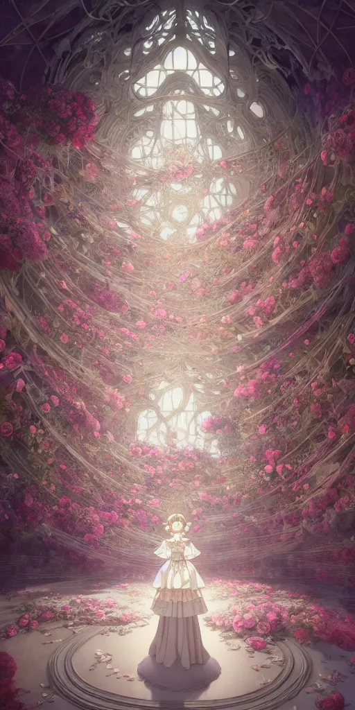 Image similar to the beautiful hyperdetailed physical rendering of a rose wedding gothic lolita dress clothing design display in exhibition hall, exhibition hall lighting, in the style of makoto shinkai victo ngai and peter mohrbacher studio ghibli artgerm karol bak beeple, surrealistic style, 8 k hd, 3 drender