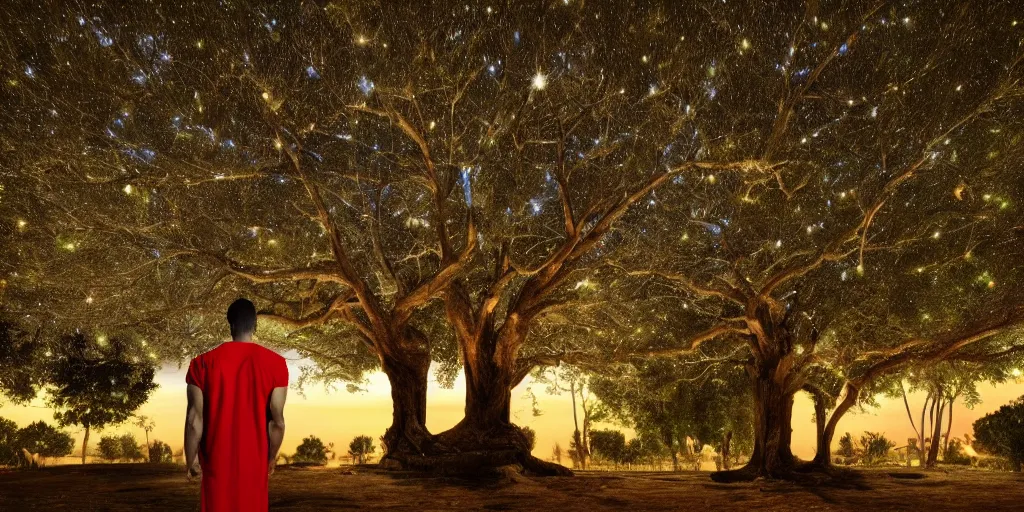 Image similar to Medium shot of a tall muscular man in a tunic looking at a large tree with bright, light fruit, night, cinematic lighting, 8k, high depth of field, detailed, hyperrealistic, very realistic