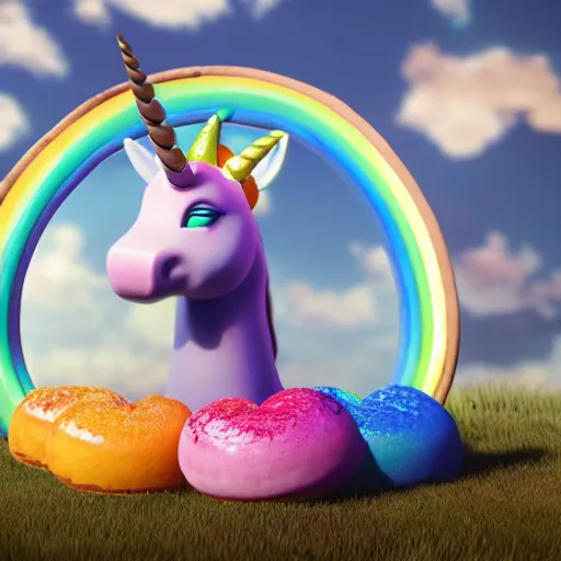 Prompt: a unicorn with flammingo neck is pooping rainbow colored donuts, unreal engine, octane render