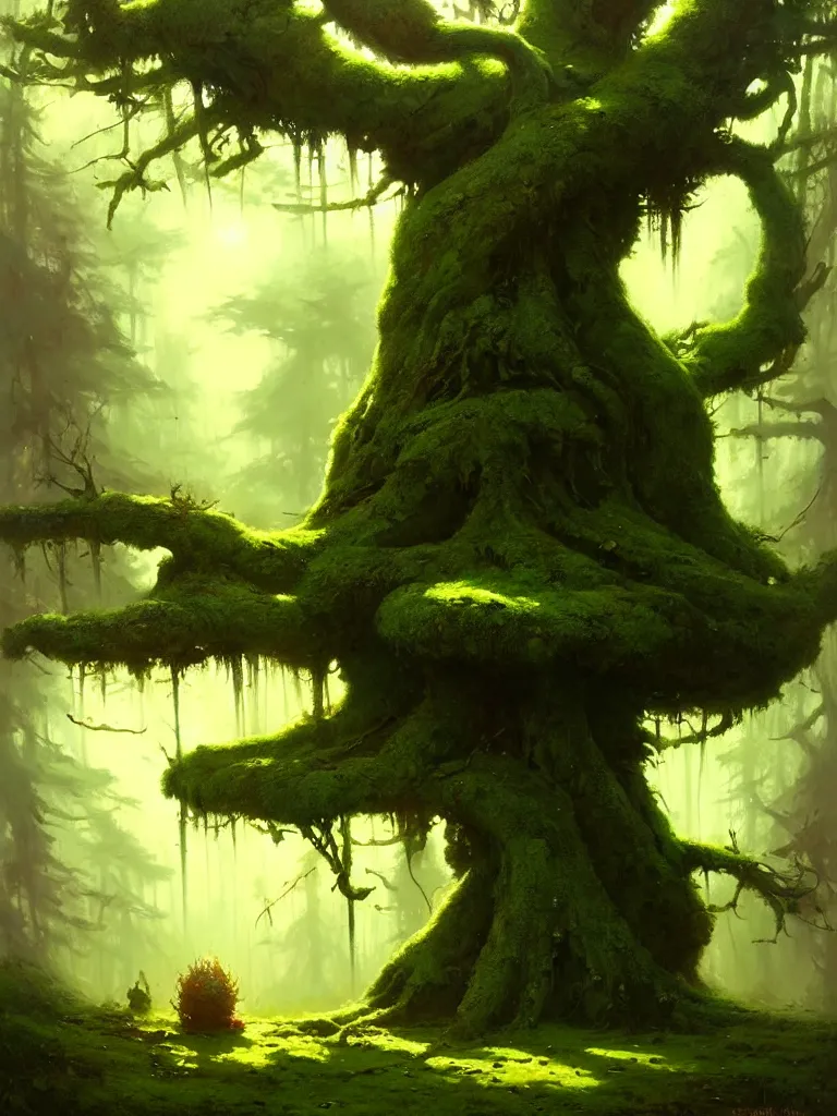 Image similar to great fat tree with a moss in the woods by bayard wu, anna podedworna, gaston bussiere, greg rutkowski