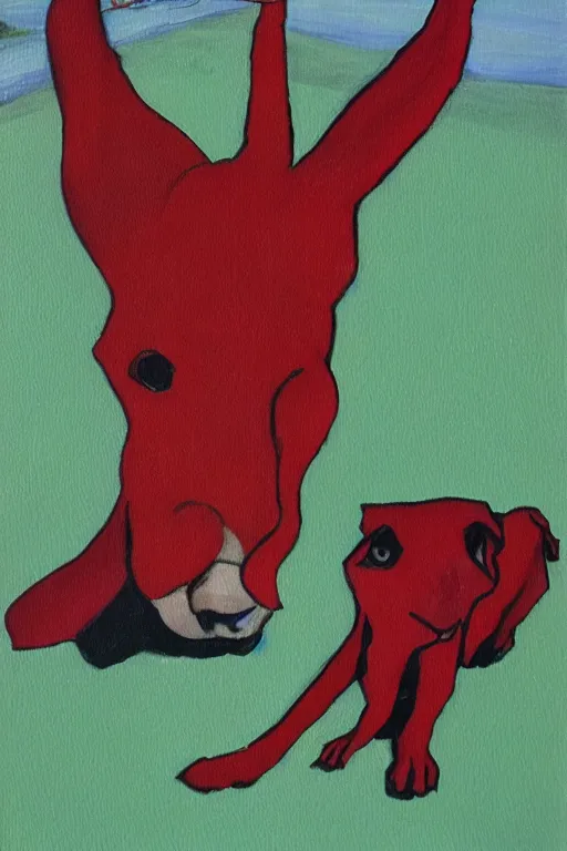 Image similar to red herring and green dog painting a picture together