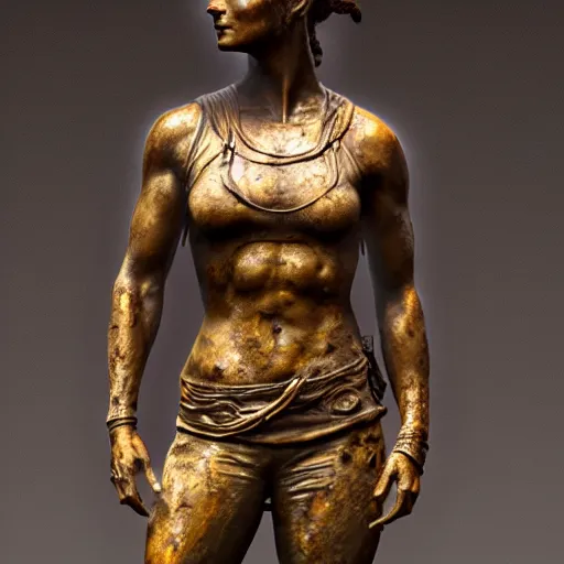 Image similar to detailed photo of an old bronze patina statue of a lara croft full body portrait, intricate detail, museum diffuse lighting