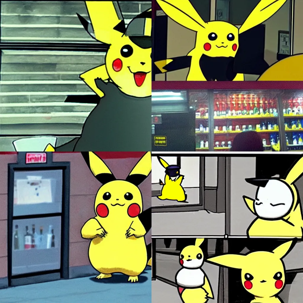 Prompt: CCTV footage of Pikachu robbing a liquor store
