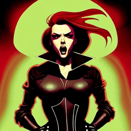 Image similar to rafael albuquerque comic art, peter mohrbacher, steve niles, artgerm, david baldeon, pretty scarlett johansson vampire sharp vampire teeth open mouth, symmetrical eyes, black leather jacket, jeans, long blonde hair