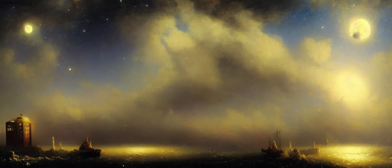 Prompt: A beautiful painting of a TARDIS from Doctor Who flying in milky way with moon by Ivan Konstantinovich Aivazovsky, Trending on artstation