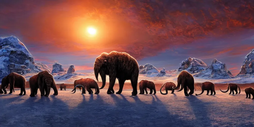 Prompt: digital art, trending on artstation, sunset at the north pole with some mammoths in the background walking while a meteorite falls