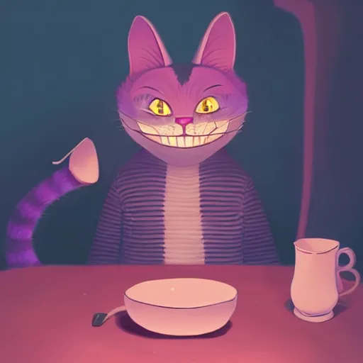 Prompt: cheshire cat drinking tea, in the style of atey ghailan and james gilleard, exquisite lighting, art, very coherent, trending on artstation