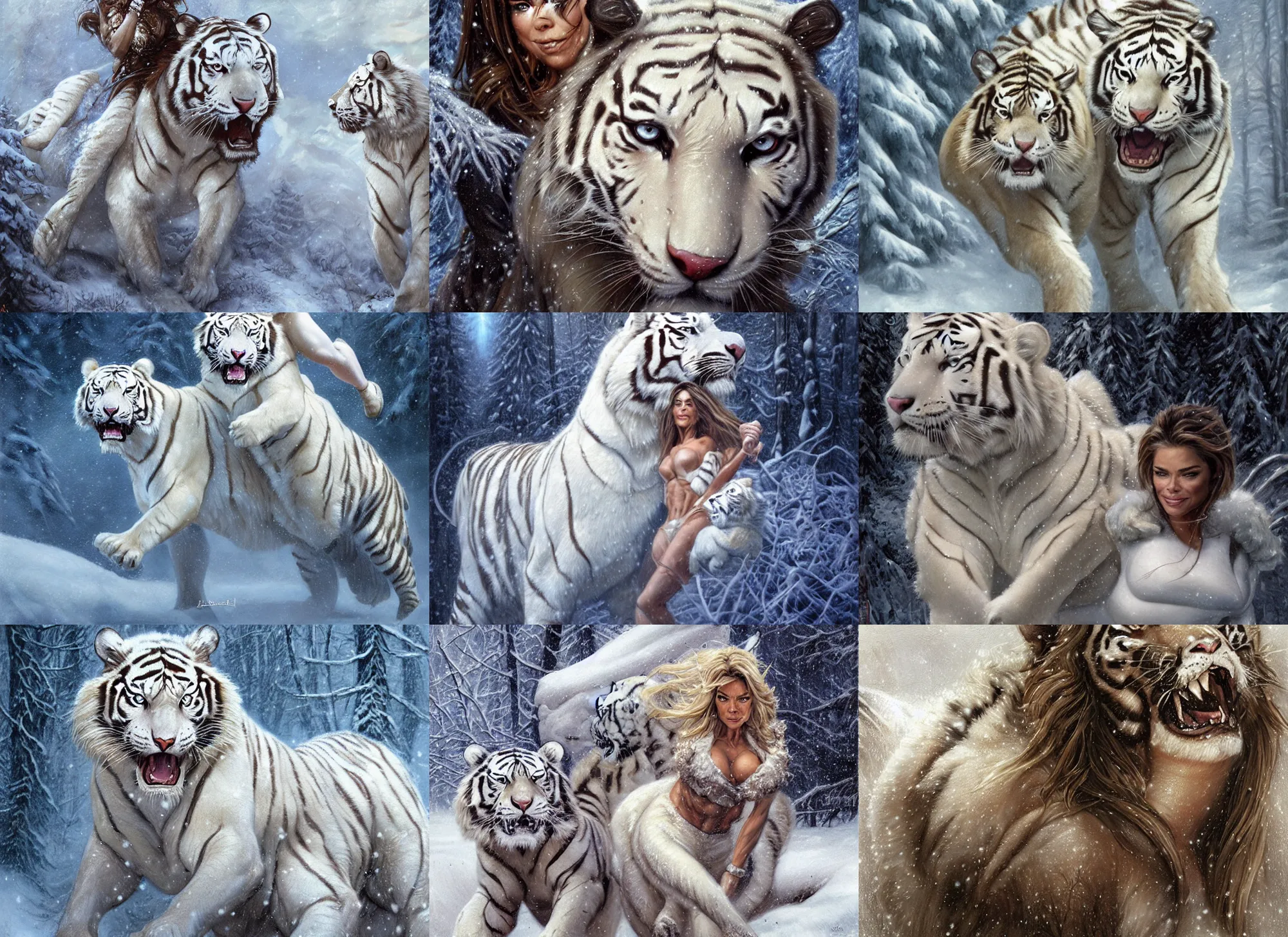 Image similar to face portrait of muscled Denise Richards riding a fierce large white tiger, wintery scene, snow storm, Donato Giancola, Mark Brooks, Ralph Horsley, Charlie Bowater, Artgerm, Christopher Balaskas, Bastien Lecouffe-Deharme