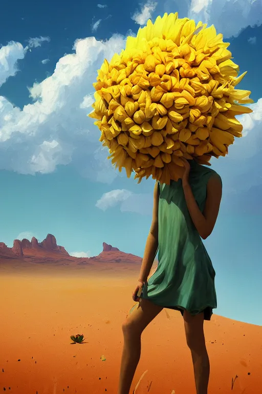 Prompt: closeup, giant flower head, girl in desert, surreal photography, wind and cold, dramatic sky, impressionist painting, digital painting, artstation, simon stalenhag