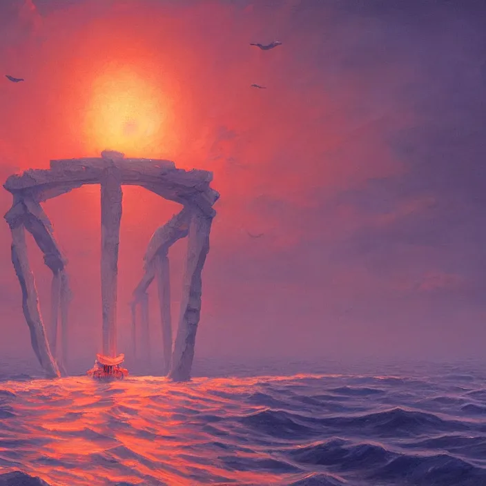 Image similar to a beautiful painting of a torii at sea by simon stalenhag and zdzisław beksinski and rene magritte and greg rutkowski, in style of digital art. hyper detailed, sharp focus, soft light. unreal engine 5. ray tracing. trending on artstation