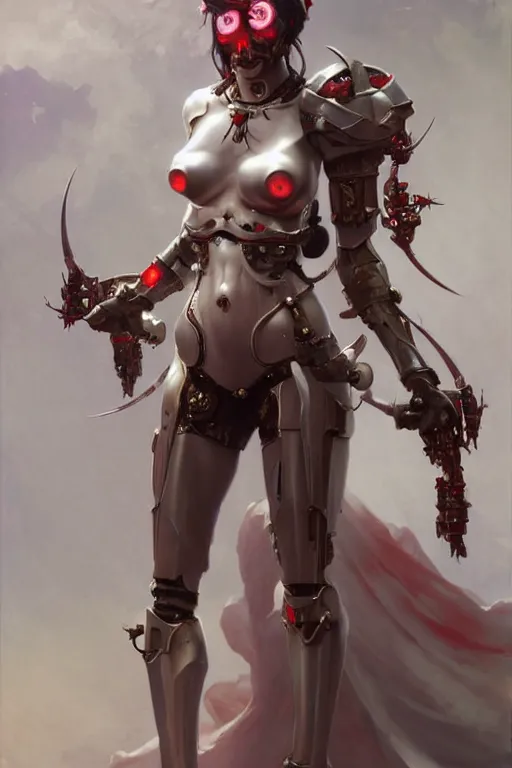 Image similar to Portrait of beautiful pale smiling anime cyborg maiden in bikini armor with crown of thorns and glowing red eyes, steampunc, Warhammer 40000, digital art from artstation by Ruan Jia and Mandy Jurgens and Artgerm and william-adolphe bouguereau