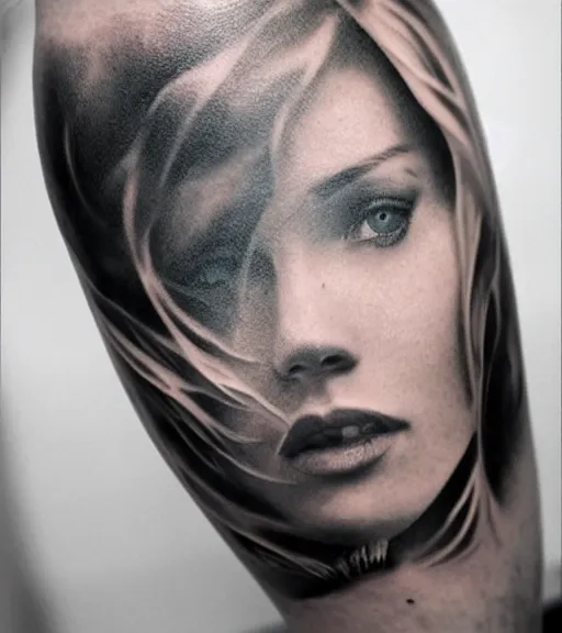 Image similar to a beautiful girl faded in a mountain background, in the style of den yakovlev, black and white, realism tattoo, hyper realistic, highly detailed
