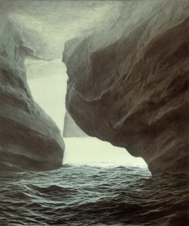 Prompt: photorealistic painting of a 1 9 2 5 seiner sailing near a short tropical cliff with the mouth of a sea cave at the waterline, dark, brooding, atmospheric, lovecraft, horror, smooth, epic, highly detailed, cinematic, by robert bateman