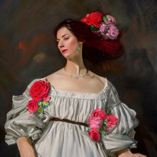 Image similar to a painting of a wonderful lady dressed with a large and decorate majestic roses cotton dress that is coming out from a ocean, dramatic light, octane--8k