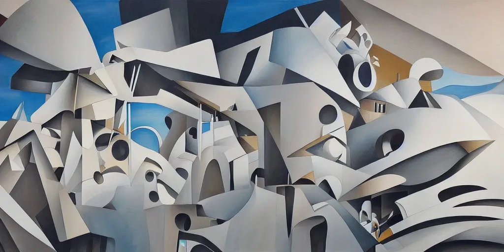 Image similar to a painting of abstract buildings like santorini by zaha hadid and yves tanguy and aaron horkey