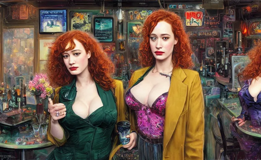 Image similar to sophisticated portrait of christina hendricks brie larson kat dennings, 1 9 8 0 s flower power hippy, very smoky cyberpunk paris bar, elegance, highly detailed, shallow depth of field, artstation, artgerm, donato giancola and joseph christian leyendecker