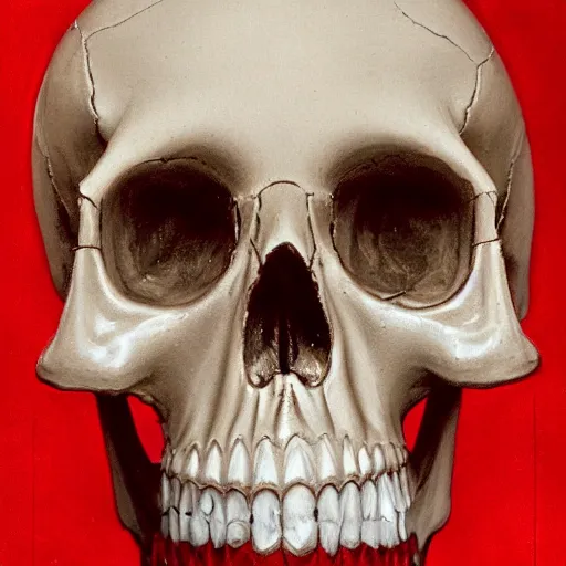 Prompt: Frontal portrait of a carved skull with ruby eyes. A portrait by Norman Rockwell.