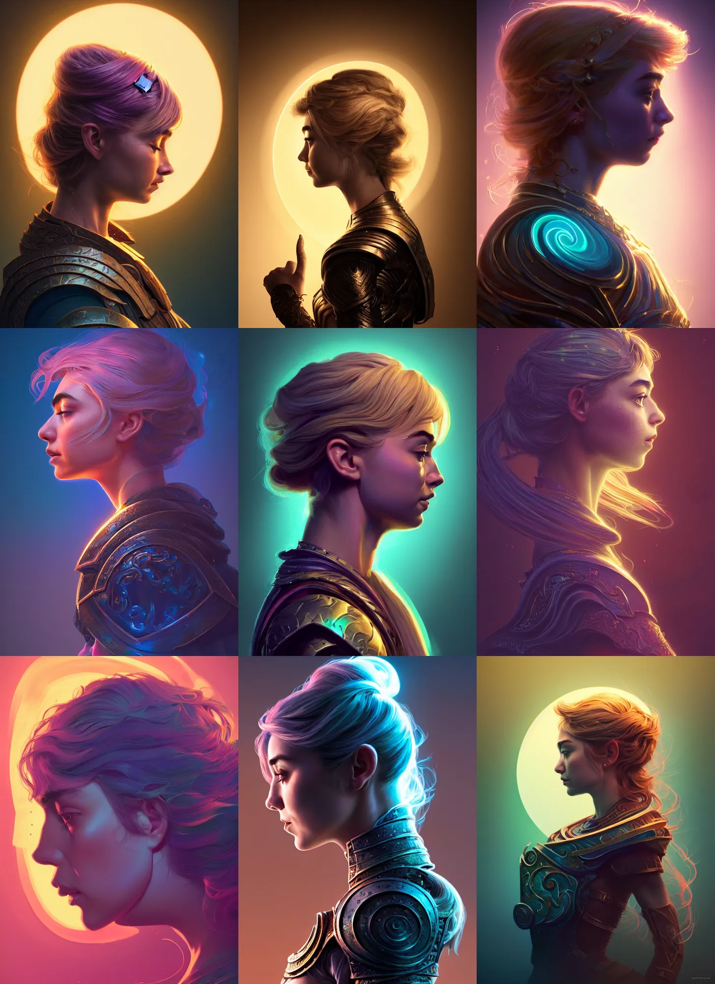 Prompt: side profile portrait, imogen poots paladin, gloomhaven, d & d, soft, smooth, luminescent, art nouveau, concept art, backlit glow, ripples, swirly vibrant color lines, holy, gaudy colors, aesthetic octane render, 8 k, by ilya kuvshinov, cushart krentz, gilleard james
