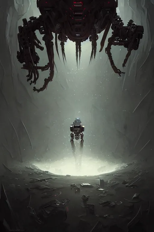 Image similar to professional concept art portrait of a ominous floating robotic terrifying!! species thing in a dark room by artgerm and greg rutkowski. an intricate, elegant, highly detailed digital painting, concept art, smooth, sharp focus, illustration, in the style of cam sykes.