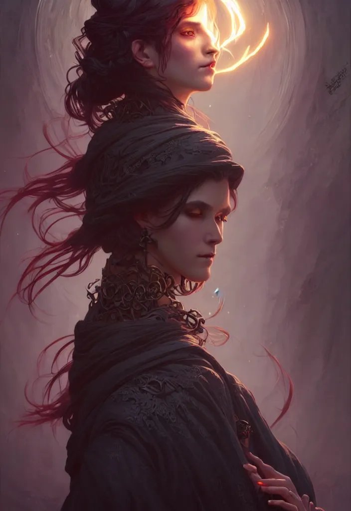 Prompt: Necromancer Sorceress, filled background around face, fantasy magic, undercut hairstyle, dark light night, intricate, elegant, sharp focus, illustration, highly detailed, digital painting, concept art, matte, art by WLOP and Artgerm and Greg Rutkowski and Alphonse Mucha, masterpiece