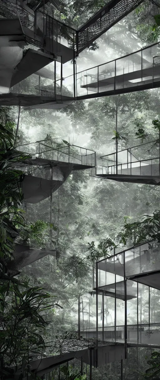 Prompt: architecture inspired by le corbusier in the rainforest. nature is taking over. upside down. metabolism. octane render. global illumination. atmospheric. photorealistic. color scheme black and white.