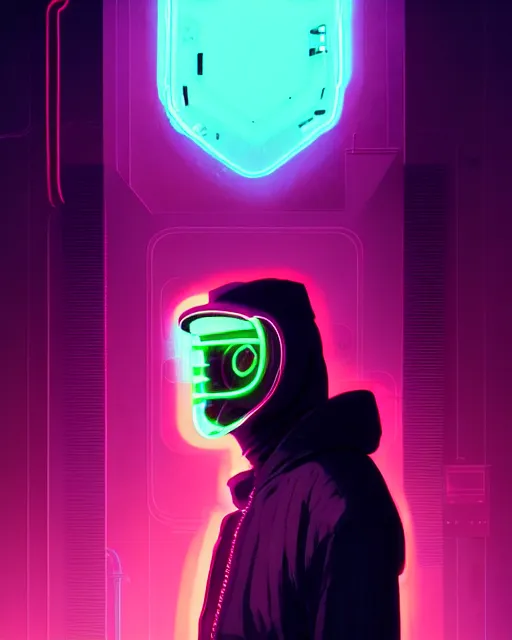 Prompt: cyberpunk synth, hyper - realistic detailed portrait of a man in a hoodie, with neon projection mask, digital painting, by atey ghailan, by greg rutkowski, by greg tocchini, by james gilleard, by joe fenton, by kaethe butcher, sharp focus