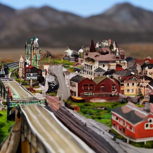 Image similar to forced perspective of a town that looks miniature with a large galloping horse destroying it.