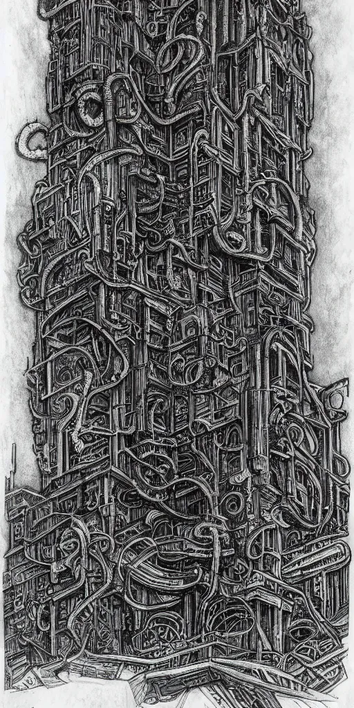 Prompt: a lovecraftian highly detailed ink sketch of a cyberpunk ruin by h. r giger in the style of art - deco art, 8 k