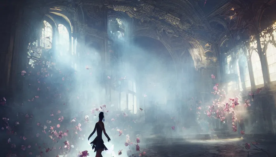 Image similar to victoria secret runway show, light, shadows, reflections, flowers, epic composition, intricate, elegant, volumetric lighting, digital painting, highly detailed, artstation, sharp focus, illustration, concept art, ruan jia, steve mccurry, james jean, peter andrew jones, greg rutkowski, raymond swanland, concept art, iconic