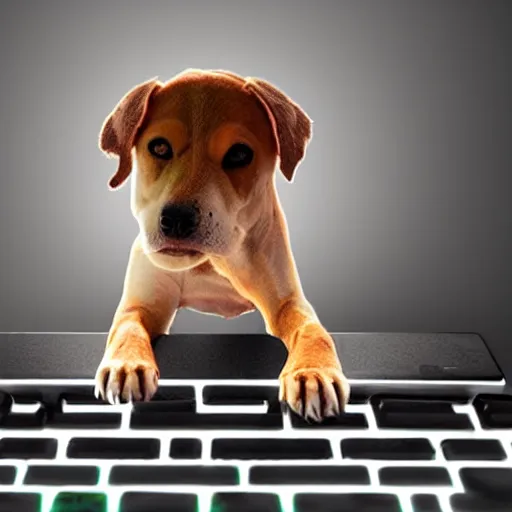 Image similar to barking angry dog on keyboard photo dramatic lighting