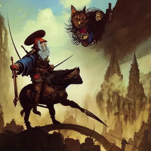 Image similar to ( ( ( brigganock gnome dressed like a musketeer riding a giant tortoiseshell cat ) ) ), d & d, fantasy, medieval, greg rutkowski, frank frazetta, alexandre chaudret, boris vallejo, michael whelan, miro petrov, magali villeneuve