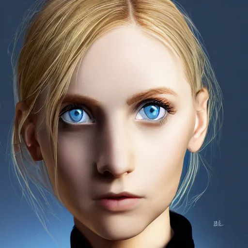 Image similar to High-Quality photorealistic portrait of a young thin girl, blue eyes, blonde hair, wearing a black turtle neck, face center close-up, realistic colors