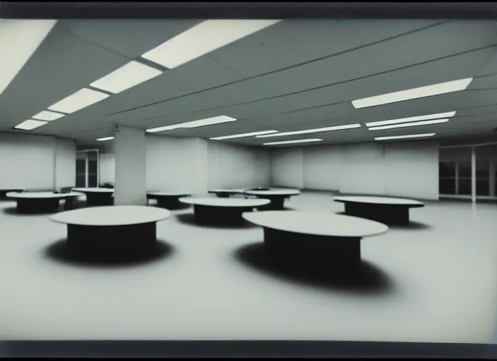 Image similar to polaroid photograph of a large white empty breakroom, retrofuturist liminal space, hundreds of chairs and tables, familiar place, clean, black mold, amateur, unreal engine, photorealistic, trending on artstation