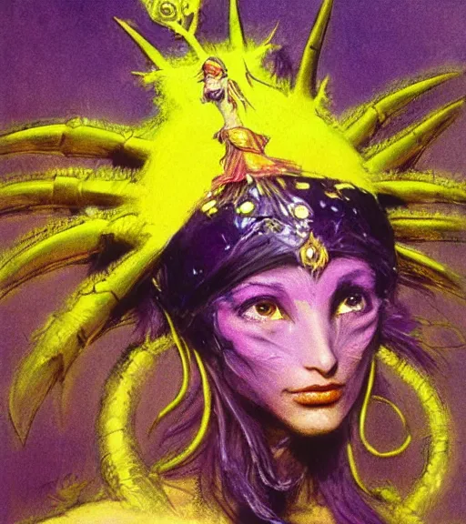 Image similar to princess of the wasteland, scrap metal headdress, strong line, vivid neon color, yellow purple, beautiful! coherent! by brian froud, by frank frazetta, low angle