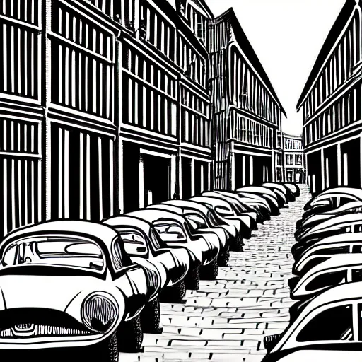 Image similar to book illustration of an old street with old cars, happy people, book illustration, monochromatic, white background, black and white image