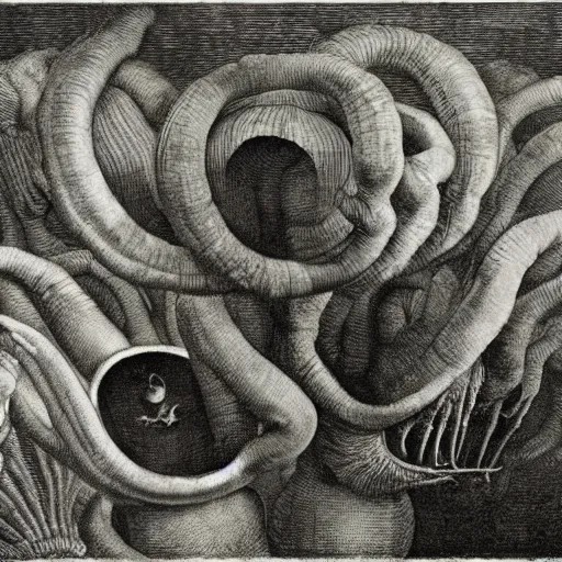 Image similar to carnivorous plants, by Odd Nerdrum, by Francisco Goya, by M.C. Escher, beautiful, eerie, surreal, colorful