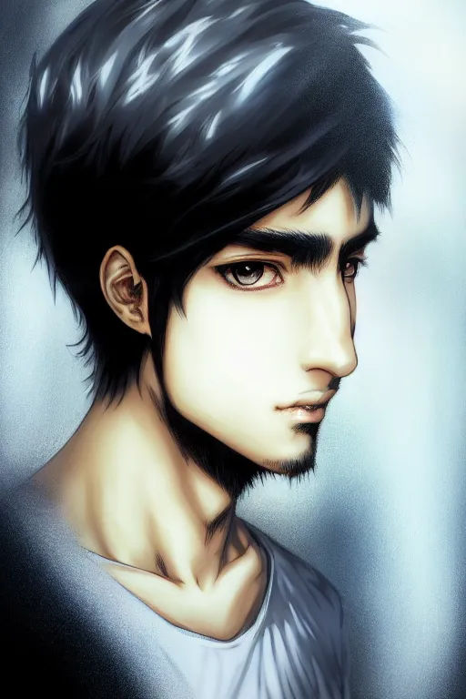 Image similar to beautiful medium shot manga portrait of a young arabic man inspired by ayami kojima with short hair dressed with a white t - shirt, white background white bank studio light, art by yoshitaka amano and shingo tamagawa, sharp focus, high quality, 8 k